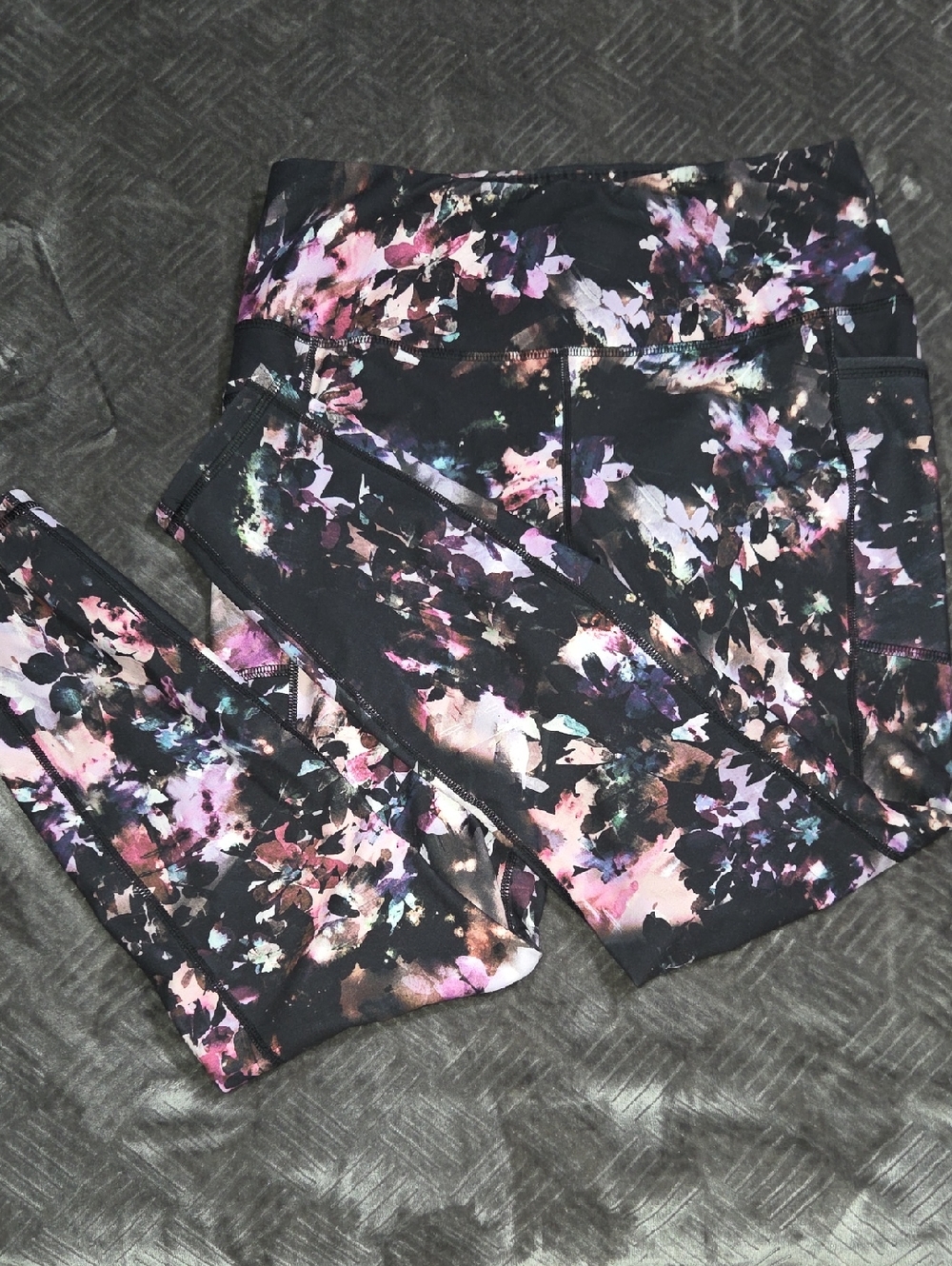 RBX Black Leggings with Pink Purple and Teal Floral Wash